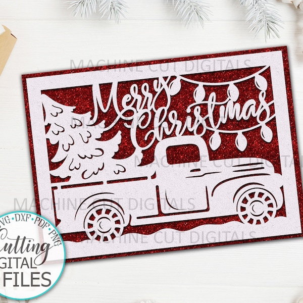 Tarjeta de Navidad con camión svg, tarjeta de Navidad Cricut Joy Maker Explore Air tarjeta svg, tarjeta Cricut svg, plantilla de corte de papel, tarjetas cortadas con láser svg