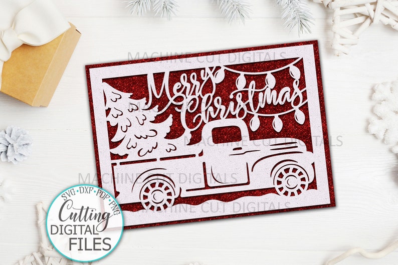 Christmas card with truck svg, Christmas card Cricut Joy Maker Explore Air card svg, Cricut card svg, papercut template, laser cut cards svg 