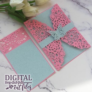 Invitation papillon svg, modèle d'invitation découpé au laser papillon, carte de mariage svg, faire-part de mariage - svg découpé au laser, invitation de pli de porte