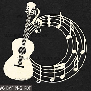 Gitarre Monogramm svg, Cut File, mit Musiknoten, Laser cut Vorlage, Vinyl Cut, Musiklehrer Rahmen svg, Cricut Projekt, Laser cut, Rahmen für Name