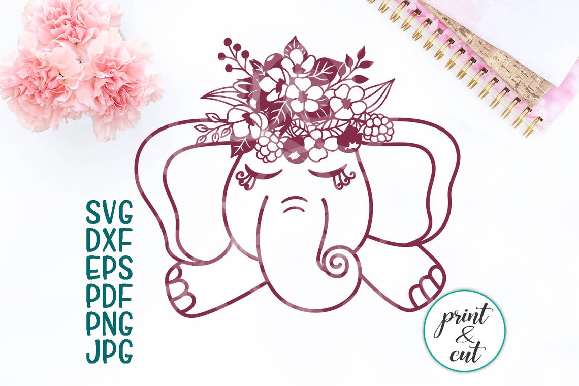 Download Cute elephant face with flower crown svg with lashes ...