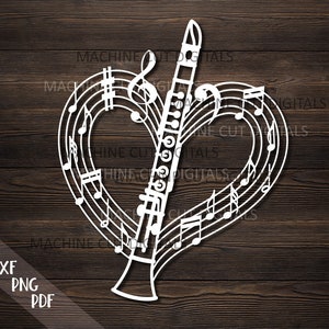 clarinetto cuore svg, clarinetto svg, cuore musicale svg, papercut svg, modello svg tagliato al laser, lezioni di musica svg, file di taglio svg per glowforge