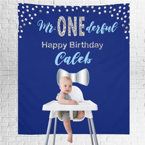 Onederful Backdrop Custom First Birthday Backdrop Personalized Birthday Party Sign Customized Party Decoration Baby Boy Blue Banner image 1