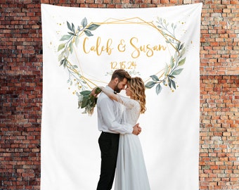 Greenery & Gold Wedding Backdrop, Custom Wedding Backdrop, Boho Photo Booth, Personalized Leaves Banner, Customized Reception Decor Sign