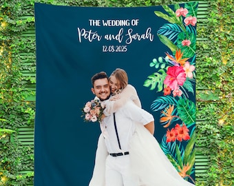 Tropical Wedding Backdrop Reception, Floral Photo Booth Backdrops, Personalized Wedding Decor, Custom Island Engagement Party Banner Sign