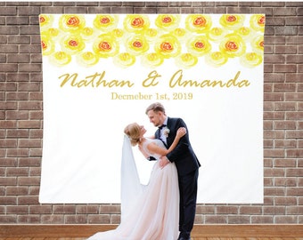 Custom Backdrop Decoration - Photo Booth Backdrops - Personalized Bridal Shower & Wedding Banner - Customized Yellow Flowers Reception Sign