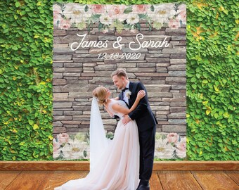 Stone Floral Backdrop, Personalized Bridal Shower Backdrop, Custom Wedding Banner, Rustic Reception Decoration, Customized Photo Booth Decor