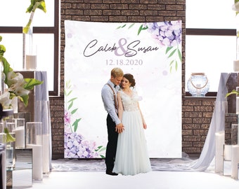 Lila Florale Hochzeitskulisse, individuelle Lavendel-Kulisse, Fotokabine, personalisierte Brautparty-Banner, personalisierte Empfangsdekoration