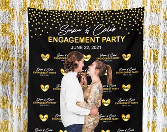 Gold & Black Engagement Backdrop, Step Repeat Photo Booth, Custom Wedding Backdrop, Personalized Wedding Banner, Engagement Party Decor