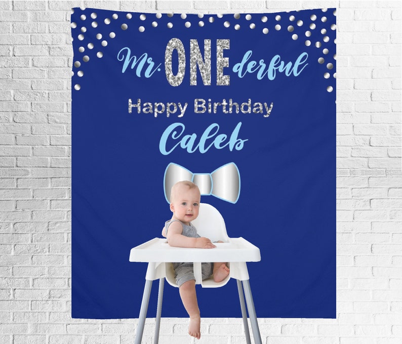 Onederful Backdrop Custom First Birthday Backdrop Personalized Birthday Party Sign Customized Party Decoration Baby Boy Blue Banner image 1