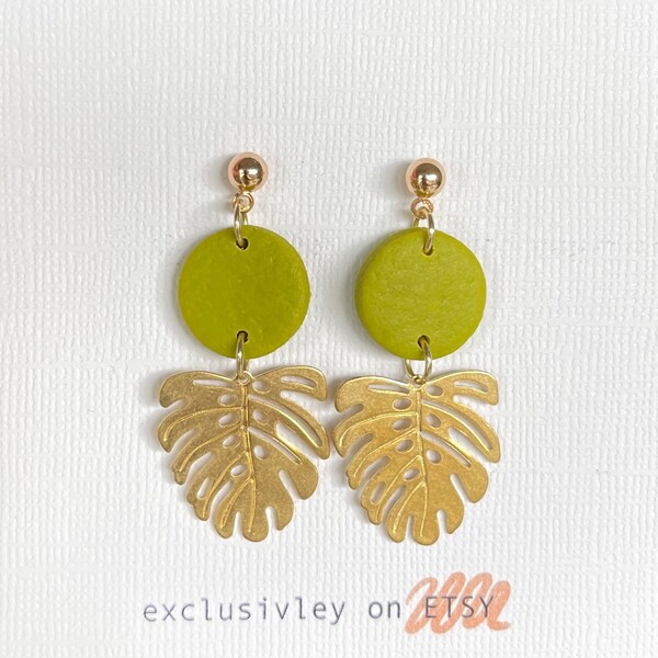 Brass leaf earrings, statement earrings, chartreuse earrings, monstera earrings, boho earrings, leaf drop earrings, plant earrings