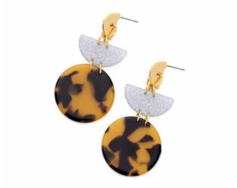 Tortoise shell earrings, geometric drop earrings, statement earrings, unique style earrings, modern sparkly earrings, silver gold earrings