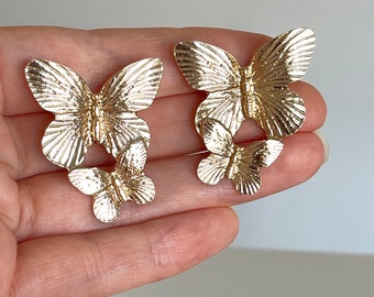 Gold butterfly earrings, double butterfly stud earrings, statement earrings, golden earrings