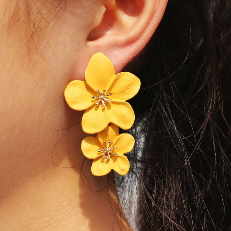 Yellow Flower Earrings Yellow Statement Earrings Double Etsy