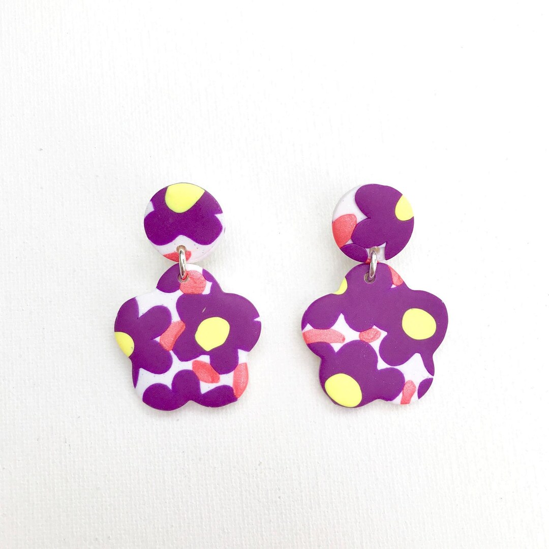 Multi color flower earrings, unique statement earrings, polymer clay