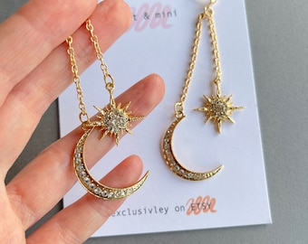 Celestial gold earrings, crescent moon drop earrings, gold star drop earrings, statement earrings, holiday earrings, crystal drop earrings