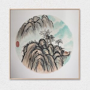 Landscape Traditional Ink Wash Painting, Mountain Sumi-e Brush Painting on Rice Paper, Oriental Art, Home Decor