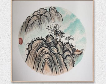 Landscape Traditional Ink Wash Painting, Mountain Sumi-e Brush Painting on Rice Paper, Oriental Art, Home Decor