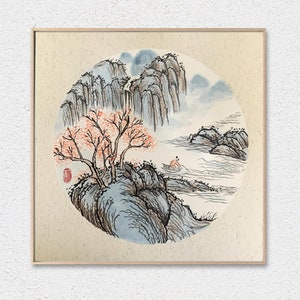 Landscape Traditional Ink Wash Painting, Mountain Sumi-e Brush Painting on Rice Paper, Oriental Art, Home Decor