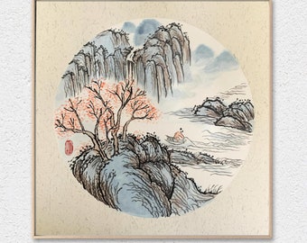 Landscape Traditional Ink Wash Painting, Mountain Sumi-e Brush Painting on Rice Paper, Oriental Art, Home Decor
