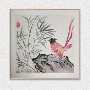 Bamboo and Bird Traditional Ink Wash Painting, Indian Paradise Flycatcher, Sumi-e Brush Painting on Rice Paper, Oriental Art