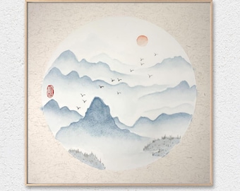 Landscape Traditional Ink Wash Painting, Mountain Sumi-e Brush Painting on Rice Paper, Oriental Art, Home Decor