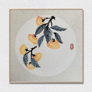 Persimmon Traditional Ink Wash Painting, Original Oriental Art, Sumi-e Brush Painting on Rice Paper, Flower Wall Art, Home Decor