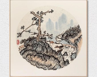 Landscape Traditional Ink Wash Painting, Sumi-e Brush Painting on Rice Paper, Oriental Art, Home Decor
