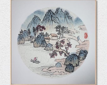 Landscape Traditional Ink Wash Painting, Sumi-e Mountain Brush Painting on Rice Paper, Oriental Art, Home Decor