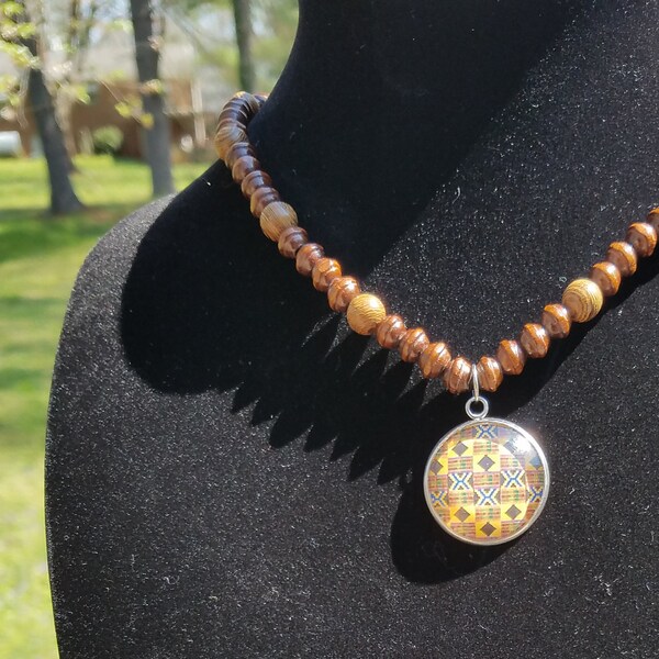 African Print Pendant Necklace • Minimalist Jewelry • Brown Beaded Necklace • Hemp Chord • Stainless Steel • Free Shipping