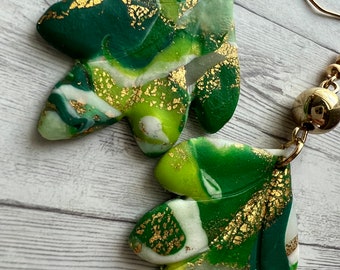 POLYMER CLAY EARRINGS | Lightweight | Golden Green Theme | Light Green Dark Green Brown Gold Flakes Transparent | St. Patrick’s Day