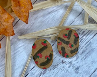 POLYMER CLAY EARRINGS | Lightweight Oval Shape Stud | Fall Autumn Theme | Apple Picking | Brown Tan Red Green