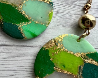 POLYMER CLAY EARRINGS | Lightweight | Golden Green Theme | Light Green Dark Green Brown Gold Flakes Transparent | St. Patrick’s Day