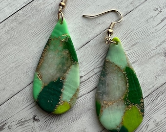 POLYMER CLAY EARRINGS | Lightweight | Golden Green Theme | Light Green Dark Green Brown Gold Flakes Transparent | St. Patrick’s Day