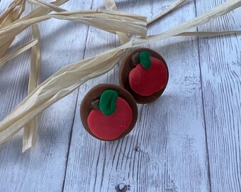 POLYMER CLAY FOOD Earring | Lightweight Circle Shape Stud | Fall Autumn Apple Teacher Theme | Brown Red Green