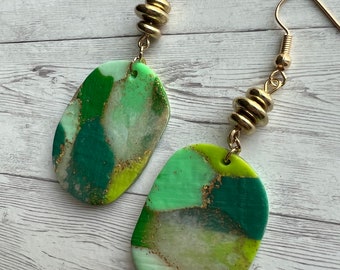 POLYMER CLAY EARRINGS | Lightweight | Golden Green Theme | Light Green Dark Green Brown Gold Flakes Transparent | St. Patrick’s Day