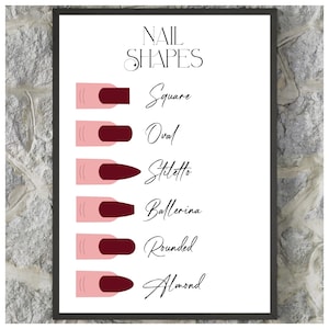Puede incluir: Un póster blanco con el texto "NAIL SHAPES" en negro. El póster muestra seis formas de uñas diferentes con nombres: Cuadrado, Ovalado, Stiletto, Ballerina, Redondeado y Almendra.