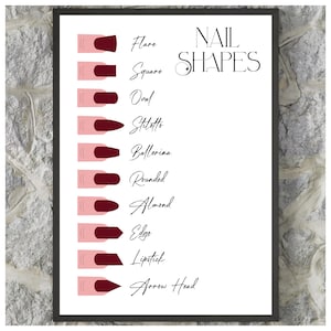 Op de afbeelding: Een wit printbaar diagram met de titel "Nail Shapes" en een lijst van 10 verschillende nagelvormen met illustraties van elke vorm. De nagelvormen zijn: Flare, Square, Oval, Stiletto, Ballerina, Rounded, Almond, Edge, Lipstick en Arrow Head.