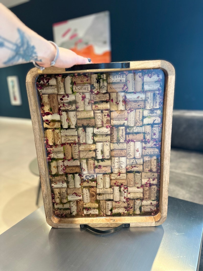 Days of Wine & Roses Wine Cork Resin Epoxy Art Wood Serving Tray