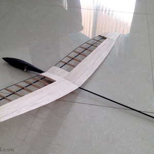 Puede incluir: Un modelo de avi&oacute;n con un ala de madera clara y un fuselaje y cola negros. El ala tiene forma rectangular con una serie de costillas de madera. Una varilla larga y delgada de color negro se extiende desde el ala.