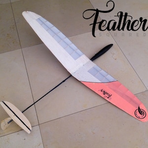 Puede incluir: Un modelo de planeador con un ala de madera clara y una punta de ala rosa y blanca. El texto "Feather Squared" est&aacute; en escritura negra. El planeador tiene una cola negra y un ala peque&ntilde;a en la parte trasera.