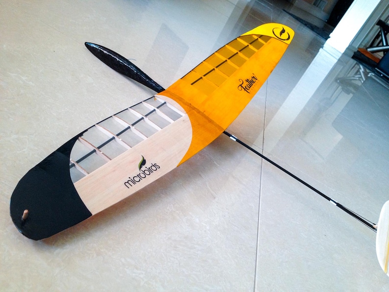 Puede incluir: Un modelo de avi&oacute;n con un ala amarilla y negra, con la palabra "Feather" y "microbirds". El ala tiene un patr&oacute;n de cuadr&iacute;cula y una secci&oacute;n de madera. La cola es negra y el cuerpo es una fina varilla negra.