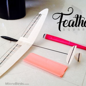 Puede incluir: Kit de modelo de avi&oacute;n con el texto "Feather Squared". Incluye un ala de madera, cola y otros componentes, adem&aacute;s de una hoja de papel rosa y un tubo rojo. El modelo est&aacute; dise&ntilde;ado para el montaje.