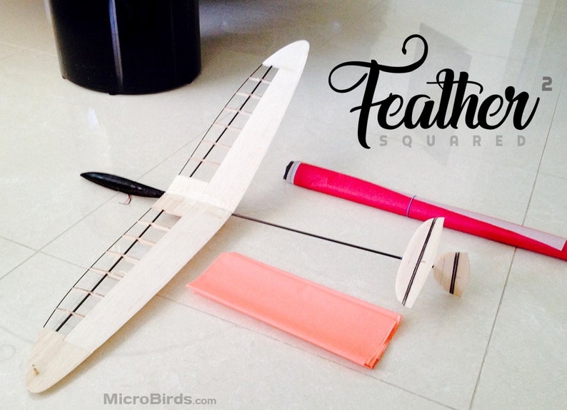 Puede incluir: Kit de modelo de avi&oacute;n con el texto "Feather Squared". Incluye un ala de madera, cola y otros componentes, adem&aacute;s de una hoja de papel rosa y un tubo rojo. El modelo est&aacute; dise&ntilde;ado para el montaje.