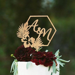 Tropical wedding cake topper, hexagon cake toppers for wedding, initials wedding cake topper, personalized wedding cake topper, Gold Topper