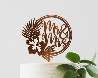 Tropical Wedding Cake Topper, Mr Mrs Cake Topper, Wreath Wedding Cake Topper, Mr & Mrs Rustic cake topper for wedding, Palm Cake Topper