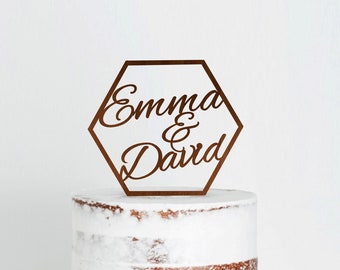 Custom Hexagon Wedding Cake Topper, Hexagon first names Wedding Cake Topper, Mr and Mrs cake topper, Rustic wedding cake topper wooden