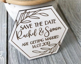 Hexagon wedding save the date magnets, Custom wedding magnets with names and date, Wooden wedding invitations, Rustic save the date wood
