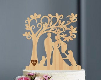 Couple Cake toppers for wedding, Personalized Cake topper with cat nd dog, Bride and Groom Cake Topper, Tree Wedding cake topper, Gold