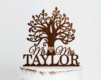 Tree Wedding Cake Topper, Mr and Mrs Cake Topper, Last Name Cake Topper, Wedding cake topper with personalized date, rustic cake topper